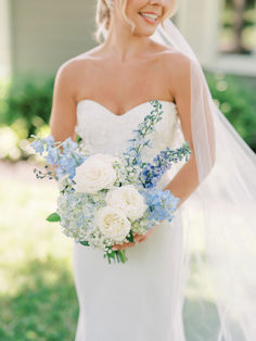 Blue and white wedding flowers bridal bouquet Spring Wedding Florals Blue, Wedding Flowers With Blue Dresses, Timeless Bride Bouquet, Dusty Blue Flowers Bouquet Bridesmaid, Light Blue Flower Bouquet Wedding, Different Bridal Bouquet Styles, Blue Florals For Wedding, Spring Wedding Flower Centerpieces