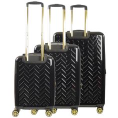 On Sale $199.99 Save $250 The 3 piece set of black hard-sided spinner suitcases luggage with 360° dual spinner wheels & superior organization make the Groove Collection perfect for the modern traveler. The set includes a carry-on 22" and two check bags 27" & 31" interior divider features two zipper pockets for neatly keeping all your essentials organized. Compression panels keep loose contents secure while 2” expansion lets you fit unexpected items. Comfort grip handles add a special touch. The Herringbone Wood Floor, Herringbone Wood, 3 Piece Luggage Set, Herringbone Coat, Baby Gear Essentials, Spinner Suitcase, New Groove, Suitcase Set, Bootie Sandals