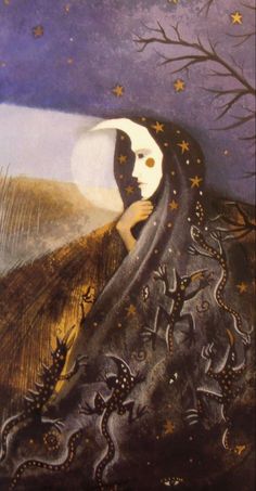 a painting of a woman's face with stars and moon in the background