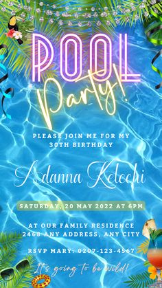 a pool party flyer with tropical leaves and flowers on the bottom, in blue water