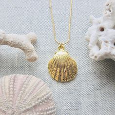 We love this fun and summery, beachy necklace. Answer the siren's song and get one for yourself or someone you love. Would make a great gift for the surfer or beach-lover in your life! A 14k gold plated scallop shell dangles from a lustrous, high quality gold filled snake chain. The perfect summertime accessory! Chain length 16" with an additional 2" extender for a possible length of 18". JEWELRY CARE * Warm water and a soft cloth are the best thing you can do to maintain the beauty of your jewe Necklace Seashell, Beachy Necklace, Seashell Pendants, Beach Necklace, Turquoise Stud Earrings, Jewelry Beach, Seashell Jewelry, Beach Necklaces, Scallop Shell