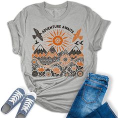 Style: Add some style to your wardrobe with our Fall vintage tees for women! These graphic tees for women are the perfect blend of style and comfort and are sure to add some fun and fashion to your attire. Quality: Our womens tops are designed and printed with love in the USA. We use high-quality inks on premium Bella Canvas Unisex vintage graphic tees for a bold and stylish look. Fabric: Crafted with a premium blend of 100% Airlume combed and ring-spun cotton, this unisex floral top is incredib Funny Print Short Sleeve Tops For Outdoor Activities, Casual T-shirt With Funny Print For Outdoor Activities, Gray Graphic Print Top For Outdoor Activities, Vintage Graphic Tees, Graphic Tees For Women, Fall Vintage, Hiking Shirt, Hiking Shirts, Graphic Tees Vintage