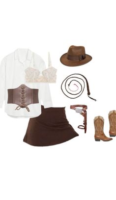 a woman's outfit with boots, hat and lasso