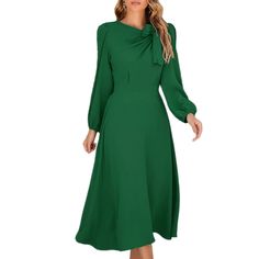 Green Bowknot Neckline A-line Elegant Midi Dress Solid Color A-line Midi Dress, Green A-line Midi Dress, Green A-line Midi Dress For Fall, Green A-line Maxi Dress, Green A-line Maxi Dress For Work, Fall Knee-length Dresses With Bow, Casual A-line Dress With Bow, Elegant Green A-line Midi Dress, Green A-line Vintage Midi Dress