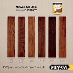 several different types of wood stain in various colors and sizes, including white oak, red oak