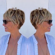 Brown Pixie Bob with Blonde Highlights Classic Pixie Haircut Thick Hair, Layered Pixie Bob, Brown Pixie, Choppy Pixie, Mom Hair, Haircut Inspiration, Fun Hair