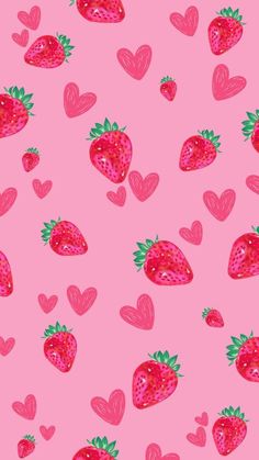 a pink background with hearts and strawberries on it