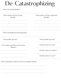 Learn how to process those negative thoughts by using this decatastrophizing worksheet! This is a great tool to process those thoughts. Mindfulness Journal Prompts, Mental Health Activities, Healing Journaling, Mental Health Therapy, Counseling Activities, Writing Therapy, Therapy Counseling, Counseling Resources, Play Therapy