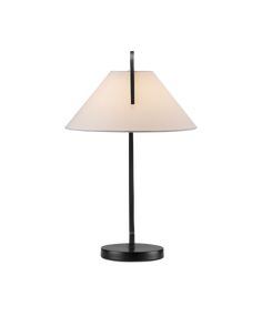 a lamp that is on top of a black stand with a white shade over it