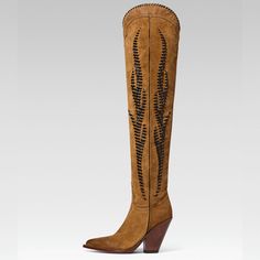 Elevate your style with these tan vegan suede thigh-high boots. Featuring a pointed toe and flame insert design, they blend Western flair with contemporary trends for a striking fashion statement. Color: Tan Material: Vegan suede Heel Type: Block heel Heel Height: 3.54'' / 90 mm approx Shaft Height: 24'' / 609.6 mm approx Product measurements were taken using size 8. Please note that measurements may vary by size. Toe: Pointed toe Flame insert design Partial side-zip design Handcrafted US sizing. Fits true to size Western Leather Knee-high Boots With Pointed Toe, Western Wide Calf Suede Knee-high Boots, Western Faux Leather Knee-high Heeled Boots, Western Knee-high Heeled Boots Medium Width, Western Brown Knee-high Boots With Reinforced Heel, Thigh High Suede Boots, Shoe Inspo, Suede Heels, Thigh High Boots