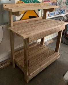 a table made out of pallet wood in a garage