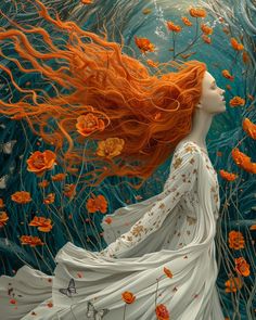 a painting of a woman with long red hair and flowers in her hair, surrounded by water