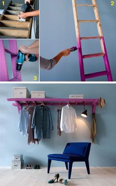 there is a ladder that can be used as a shelf for clothes and shoes in this room