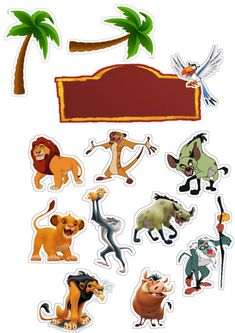 the lion king stickers are all different colors and sizes, with palm trees in the background