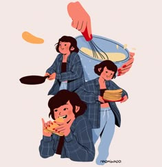 three people are cooking and one person is holding a hot dog in his hand while the other holds pancakes