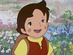 a young boy standing in front of flowers and a bird on his shoulder, smiling at the camera