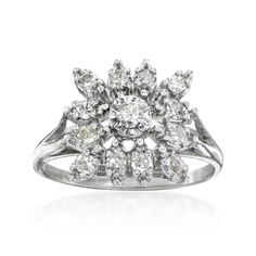 Ross-Simons - C. 1970 Vintage .53 ct. t. w. Diamond Ring in 14kt White Gold. Size 7. C. 1970. An enchanting beauty blossoms from our Estate collection. Crafted with a floral look, this shimmery ring features .53 ct. t. w. round diamonds that dazzle in polished 14kt white gold. A statement made for your fabulous style! 1/2" wide. Diamond ring. Exclusive, one-of-a-kind Estate Jewelry. Diamond birthstones are the perfect gift for April birthdays. Timeless White Gold Cluster Ring With 17 Jewels, Estate Jewelry With Center Stone For Anniversary, Estate Jewelry With Brilliant Cut For Anniversary, Cluster White Gold Diamond Ring Stamped 14k, White Gold Cluster Diamond Ring Stamped 14k, Classic Marquise Cut Diamond Ring With 17 Jewels, Anniversary Marquise Diamond Ring With 17 Jewels, Vintage Diamond Ring, Fabulous Style