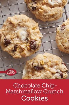 chocolate chip marshmallow crunch cookies on a cooling rack with the title above it