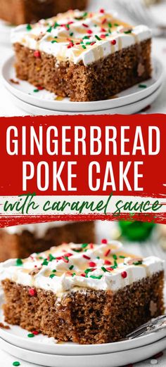 gingerbread poke cake with white frosting and sprinkles on two plates