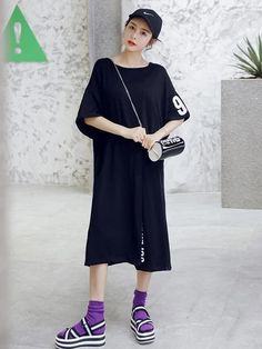 Original Letter Printed Split-Front Dress - rrdeye Front Split Dress, Office Blouse, Black Cotton T-shirt Dress With Graphic Print, Cotton Jumpsuit, Long Hoodie, Fashion Seasons, Blouse Dress, Letter Prints, Pure Cotton