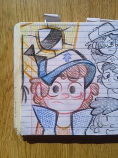 a drawing of a boy in baseball cap and glasses with other drawings behind him on lined notebook paper