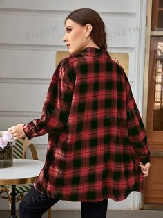 Style:Casual \nDetails:Button \nNeckline:Collar \nType:Shirt \nSleeve Type:Drop Shoulder \nColor:Multicolor \nPattern Type:Plaid \nSleeve Length:Long Sleeve \nLength:Long \nFit Type:Regular Fit \nFabric:Slight Stretch \nMaterial:Fabric \nComposition:100% Polyester \nCare Instructions:Machine wash, do not dry clean \nSheer:No \n Drop Shoulder Shirt, Plus Size Blouses, Drop Shoulder, Style Casual, Button Up, Dry Clean, Blouses, Plaid, Plus Size