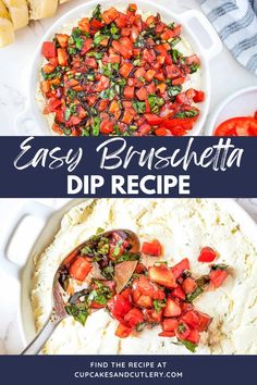 easy bruschetta dip recipe with tomatoes and spinach in a white bowl