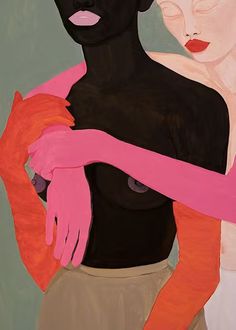 a painting of two people hugging each other with one woman's arm wrapped around the other