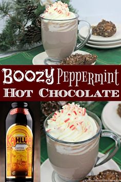 boozy peppermint hot chocolate in a mug with whipped cream and sprinkles