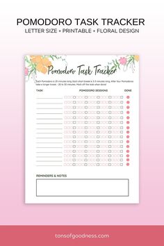 the printable pomodor task tracker is shown on a pink background with flowers