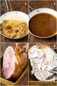 the steps to make ham in a skillet and then being put into foil packets