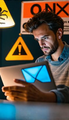 A man with a beard and wavy hair focuses intently on a tablet with a bright blue envelope icon on the back. Behind him, warning signs, including a yellow triangular sign with an exclamation mark and another with a spider, are visible on the wall.