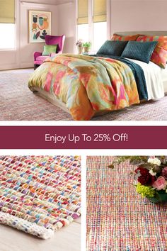 colorful bedding and rugs are featured in this ad for the home decor store