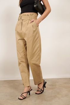 Trendy Joggers, Clothing Closet, Paper Bag Waist Pants, Inspired Clothes, Office Pants, Balloon Pants, Paperbag Pants, Cami Bodysuit, Tan Pants