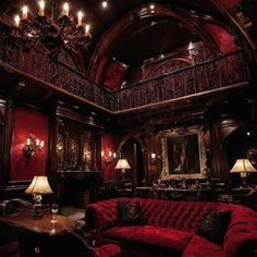 ♱ Red Gothic Living Room, Dark Red House Interior, Dark Red Living Room Ideas, Neo Victorian Interior, Vampire Interior, Red House Interior, Gothic Mansion Interior, Red Velvet Room, Gothic Victorian House Interior