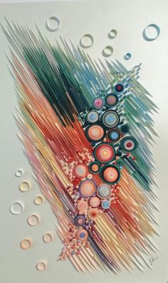 an abstract painting with circles and lines on the bottom, as well as bubbles in the middle