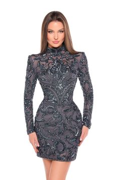 This elegant Amarra 88006 cocktail dress features a short, backless design and long sleeves adorned with intricate beading and sequins. Perfect for any homecoming or formal event, this dress exudes sophistication and style. The modern yet timeless design will make you stand out in any crowd. This dress features an intricate, ornate design adorned with swirling paisley patterns and sparkly beadwork throughout the garment. It has long sleeves and a fitted silhouette that hugs the body. Crafted fro White Rehearsal Dress, Gold Homecoming Dress, Yellow Homecoming Dresses, Orange Homecoming Dresses, Black Quinceanera Dresses, Sheer Long Sleeve Dress, Sequin Short Dress, Backless Cocktail Dress, Quinceanera Dresses Pink