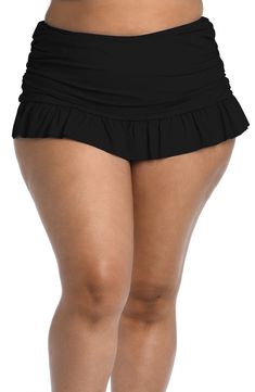 A ruffled hem makes these ruched bikini bottoms look like a sassy, supershort skirt perfect for a stroll along the beach. Full back coverage Lined 83% nylon, 17% elastane Hand wash, line dry Imported Women's Clothing Plus Size Tankini, Skirted Swimsuit, Halter Top Tankini, Plus Size Swim, Striped Swimsuit, Swim Skirt, High Waist Bottoms, Design Fabric, Swim Suit Bottoms