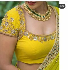 Latest Blouse Embroidery Work, Simple Work Blouse Designs For Pattu, Yellow Blouse Designs Latest, Golden Blouse Designs Pattern Style, Yellow Blouse Maggam Work, Yellow Blouse Designs, Cold Shoulder Blouse Designs, Blouse Maggam Work, Mirror Work Blouse Design