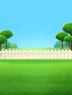 a green field with trees and white fence