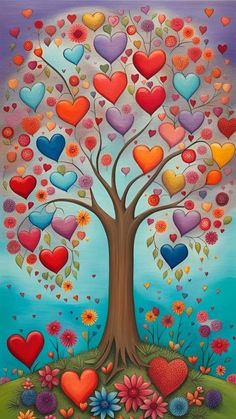 a painting of a tree with hearts on it