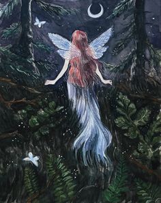 a painting of a woman with wings in the woods