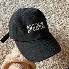 Pink Baseball Cap In Excellent Condition Like Brand New! Black Visor Hat With Letter Print, Trendy Black Visor Dad Hat, Trendy Black Dad Hat With Visor, Casual Trucker Hat With Letter Print For Winter, Casual Winter Trucker Hat With Letter Print, Black Flat Brim Baseball Cap, Trendy Winter Hat With Curved Bill, Trendy Winter Dad Hat, One Size, Casual Winter Snapback Hat