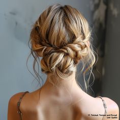 The Twisted and Pinned Low Updo offers a delicate and romantic look. Twists are artfully pinned at the nape, creating a graceful and elegant style that’s ideal for any special occasion. Click for more! Bridesmaid Updo Messy Bun, Bridesmaid Hairstyles Low Updo, Updo For Brides, Simple Bridesmaid Up Do, Wedding Up For Medium Hair, Cool Bridesmaid Hair, Romantic Hair Updo, Bridesmaid Hair For V Neck Dress, Low Lose Bun