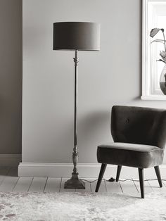 a black and white photo of a living room with a chair, lamp and potted plant