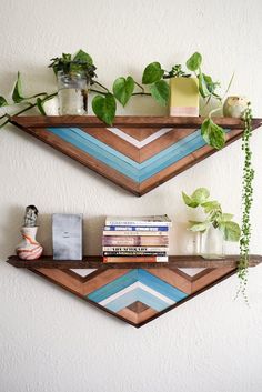 two wooden shelves with plants and books on them