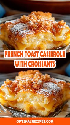 french toast casserole with croissants is shown in two separate images