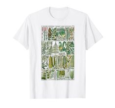 a white t - shirt with an image of plants and trees printed on the front