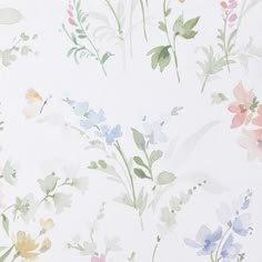 a white wallpaper with colorful flowers and green leaves on the top right hand corner