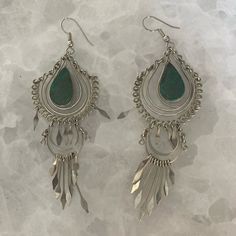 Never Used Green Metal Chandelier Earrings, Silver Teardrop Jewelry For Festival, Nickel Free Silver Chandelier Earrings For Festivals, Nickel-free Silver Chandelier Earrings For Festivals, Silver Metal Chandelier Earrings For Festivals, Elegant Silver Chandelier Earrings For Festival, Green Stones, Earrings Color, Green Stone